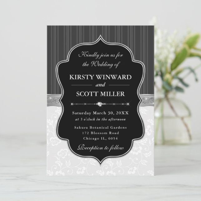 Invitation Cadre Élégant Noir Blanc Fleurs Mariage (Debout devant)