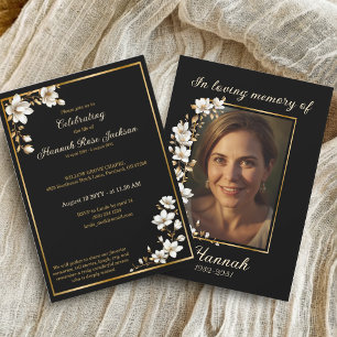Invitation Cadre élégant noir et or Magnolia blanc Mémorial