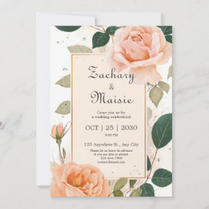 Invitation Cadre Élégant Rose Pêche Or Floral Mariage