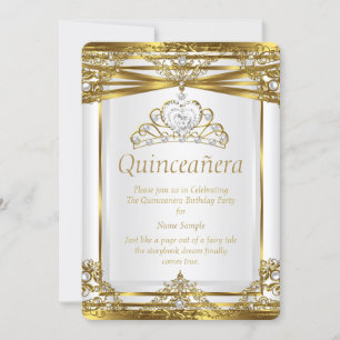 Invitation Cadre Elite Princess Quinceanera Or Blanc Perle