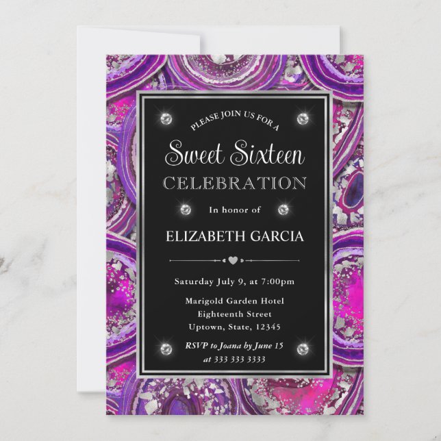 Invitation Cadre en agate géode argent et violet pour Sweet 1 (Devant)