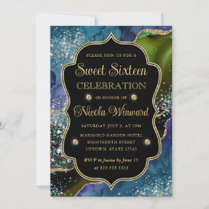 Invitation Cadre en Agate Pailleté Bleu, Vert et Or Douce 16