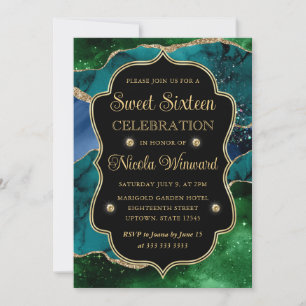 Invitation Cadre en Agate Pailleté Bleu, Vert et Or Sweet 16