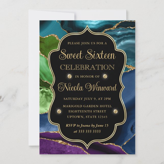 Invitation Cadre en agate pailleté sarcelle, violet et or pou (Devant)