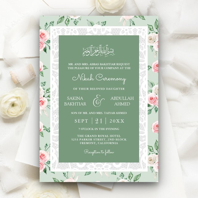 Invitation Cadre en dentelle blanche florale rose menthe Mari (Créateur téléchargé)