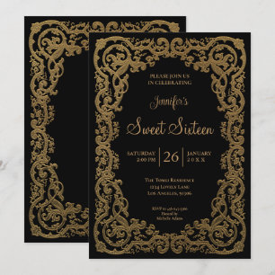 Invitation Cadre en dentelle ornementale dorée Sweet 16