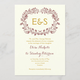 Invitation Cadre en feuille de Marsala avec initiales mariage