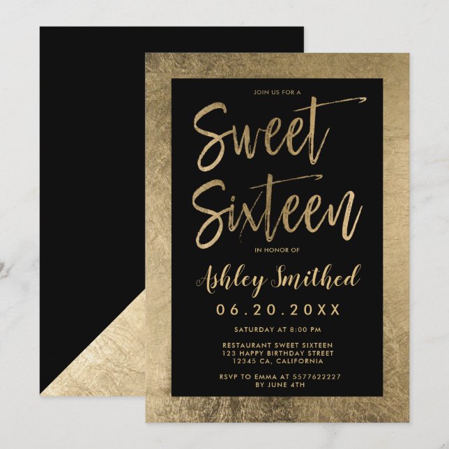 Invitation Cadre en feuille d'or chic noir pour seize ans (Devant / Derrière)