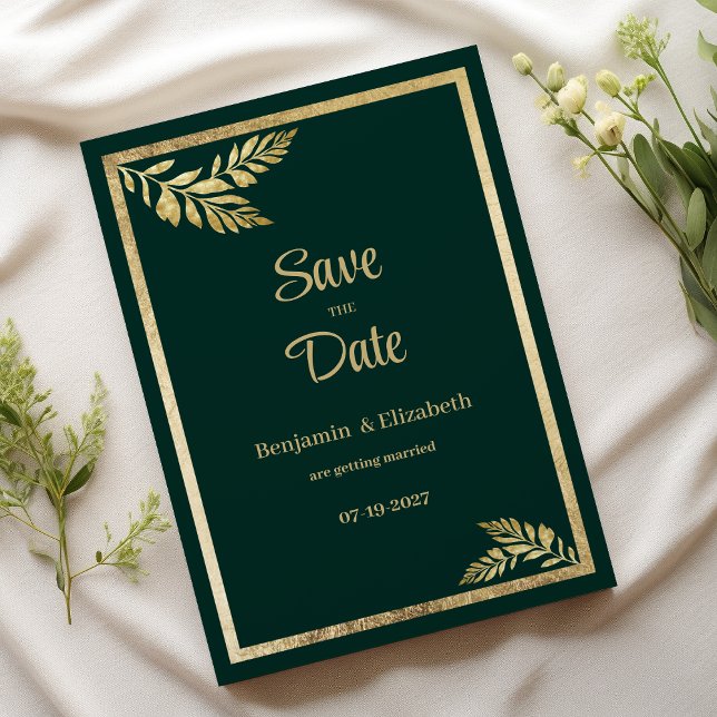 Invitation Cadre en feuilles dorées vert foncé de luxe Enregi (Luxury dark green golden leaf frame Save the Date)