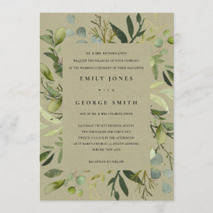 INVITATION CADRE EN JAUNE DE KRAFT MARIAGE EN FOLIAGE VERT EN