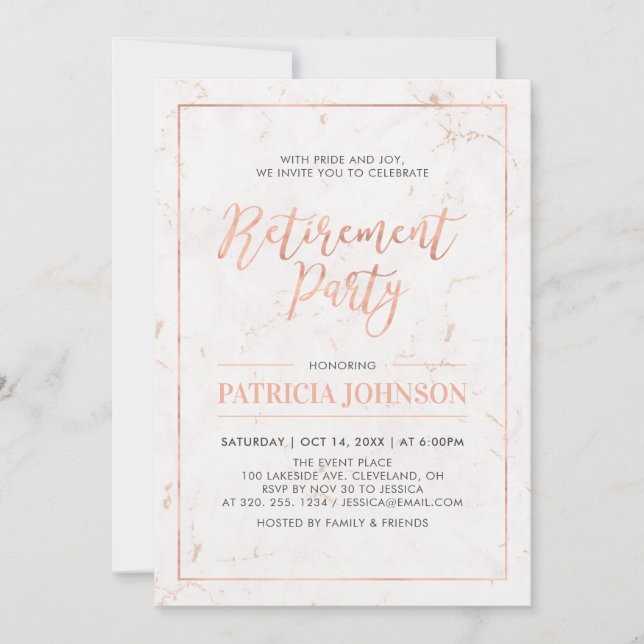 Invitation Cadre en marbre et or rose | Fête de retraite mode (Devant)