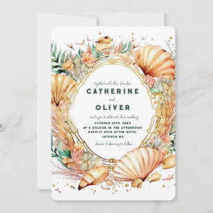 Invitation Cadre en or Coquillage Océan Eté Mariage Plage