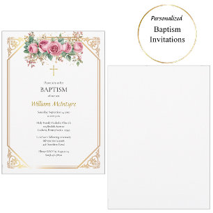 Invitation Cadre en or délicat Roses roses Baptême catholique