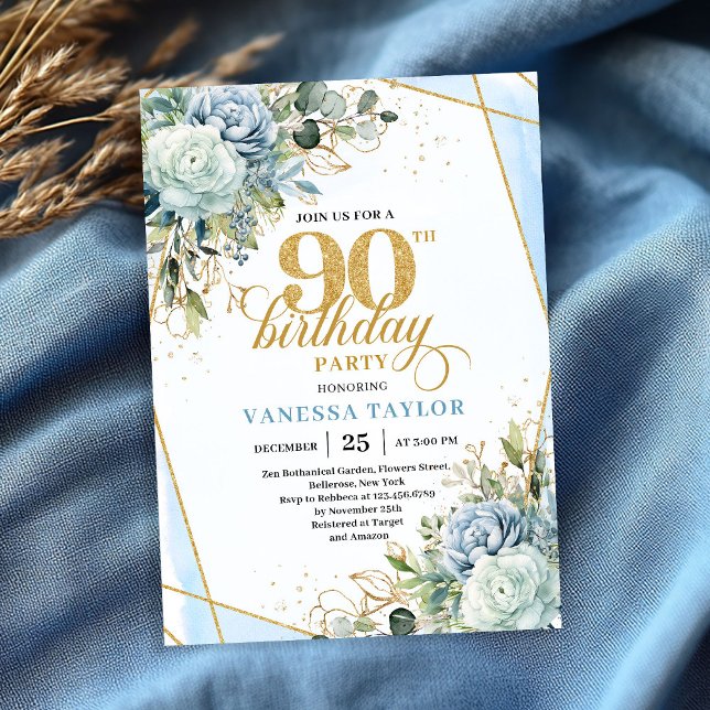 Invitation Cadre en or raffiné style célébration 90e annivers (Refined gold frame style 90th birthday celebration card)