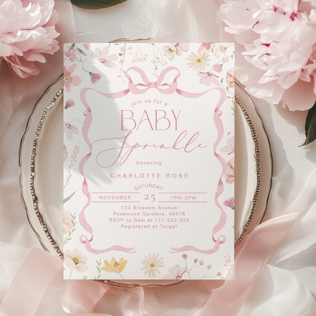 Invitation Cadre en ruban rose Bow Fleur sauvage Bébé Sprinke (Créateur téléchargé)
