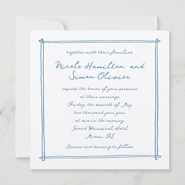 Invitation Cadre esquissé Blue Whimsical Main tiré Mariage (Devant)