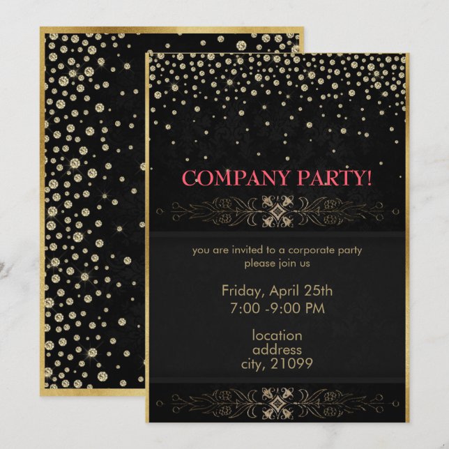 Invitation Cadre et points de paillettes dorées (Devant / Derrière)