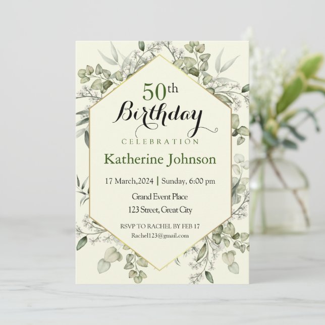 Invitation Cadre Eucalyptus Simple 50e anniversaire Invitatio (Debout devant)