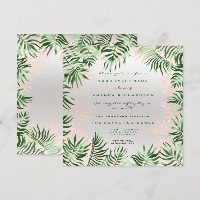Invitation Cadre feuille de palmier vert tropical gris argent (Devant / Derrière)