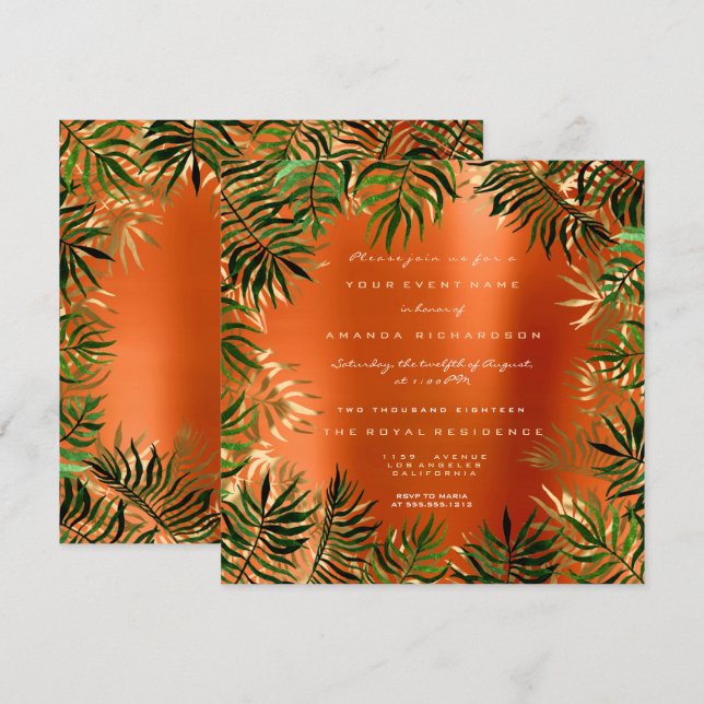 Invitation Cadre feuille de palmier vert tropical orange cora (Devant / Derrière)
