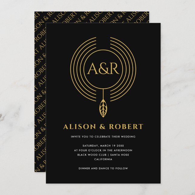 Invitation Cadre, feuille et initiales inspirés de la bijoute (Devant / Derrière)