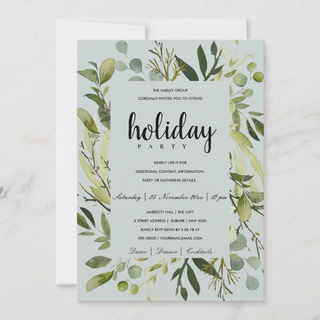 INVITATION CADRE FEUILLU VERT GRIS FÊTE DE NOËL D'ENTREPRISE (Devant)