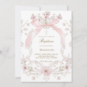 Invitation cadre fille de baptême avec ruban rose et fleurs