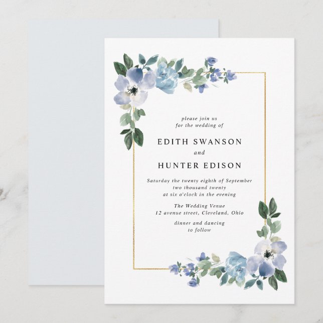 Invitation cadre fleuri bleu et vert mariage (Devant / Derrière)