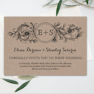 Invitation Cadre fleuri en carton Kraft avec initiales mariag
