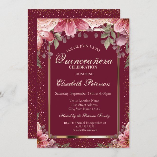 Invitation Cadre Fleurs Élégantes Confetti Quinceañera (Devant / Derrière)