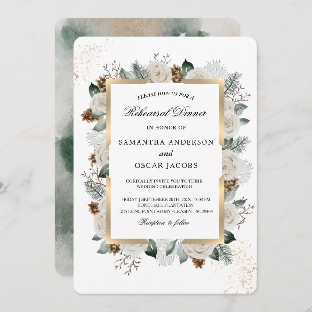 Invitation Cadre Fleurs & Pin Blanc Aquarelle d'Hiver (Devant / Derrière)
