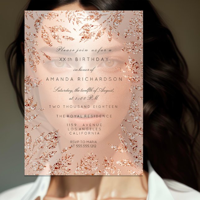 Invitation Cadre floral à feuilles pailletées or rose cristal (Pink Rose Gold Glitter Leafs Floral Frame Crystal Invitation)