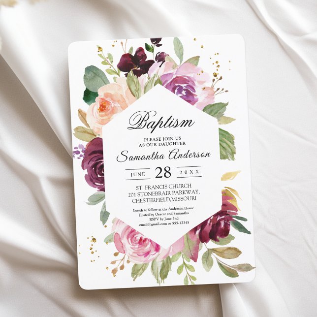 Invitation Cadre floral aquarelle bordeaux rustique et lunati (Créateur téléchargé)