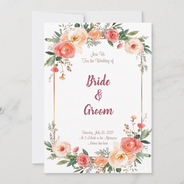 Invitation Cadre floral aquarelle corail pêche or rose (Devant)