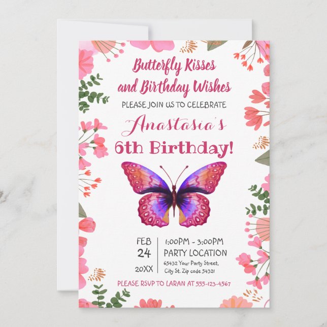 Invitation Cadre floral aquarelle Papillon rose Anniversaire (Devant)