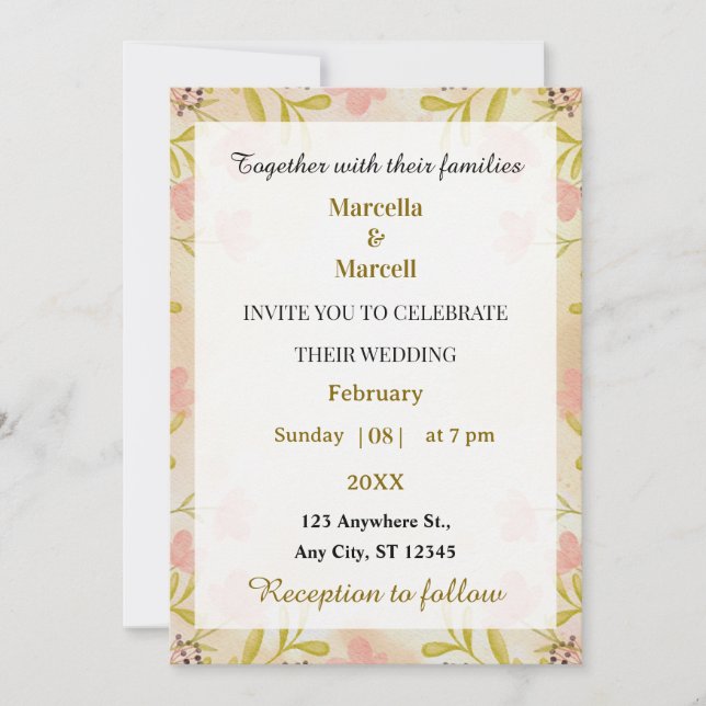 Invitation Cadre floral aquarelle pastel doux (Devant)