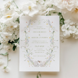Invitation Cadre Floral aux Cygnes Monogramme Mariage