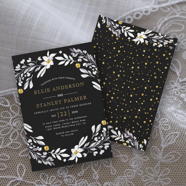 Invitation Cadre floral blanc or confetti noir mariage fût (Créateur téléchargé)