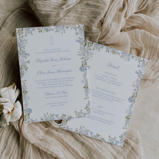 Invitation Cadre floral bleu doux romantique tout en un Maria (Créateur téléchargé)