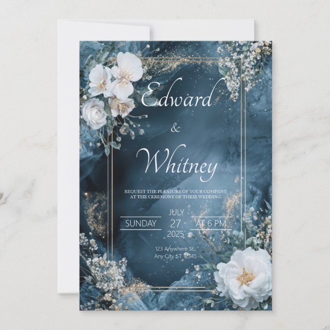 Invitation Cadre Floral Bleu Minuit Doré Mariage Céleste (Devant)