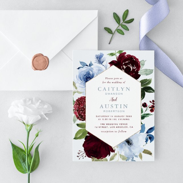 Invitation cadre floral bordeaux & bleu poussiéreux mariage (Créateur téléchargé)
