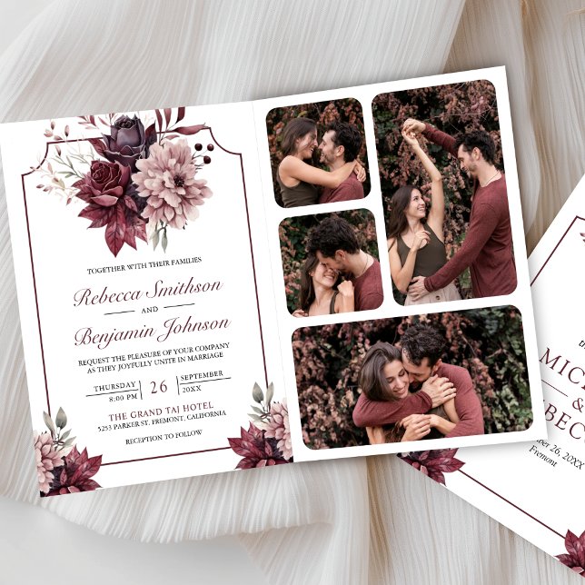 Invitation Cadre floral bordeaux rose poudré Code QR Mariage (Créateur téléchargé)