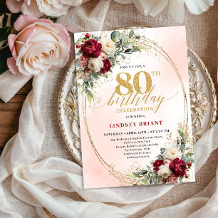 Invitation Cadre floral burgundy sophistiqué pour 80e anniver