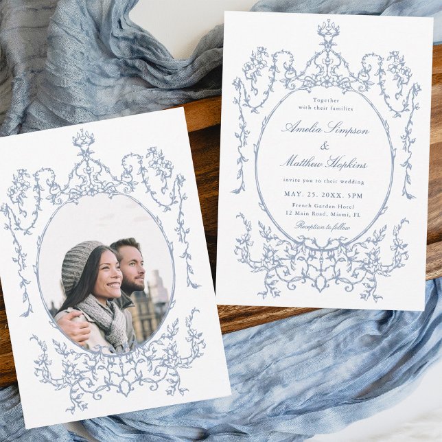 Invitation Cadre floral classique Dusty Blue Mariage Photo (Front & Back)
