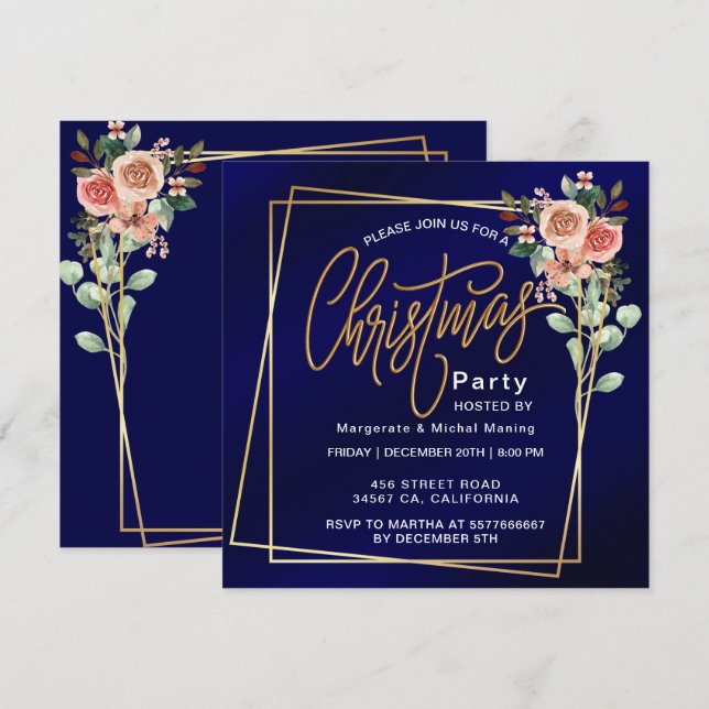 Invitation Cadre floral classique Noël bleu (Devant / Derrière)