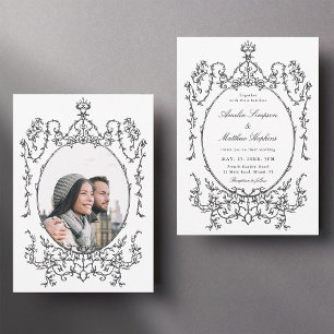 Invitation Cadre floral classique Photo Mariage noir et blanc