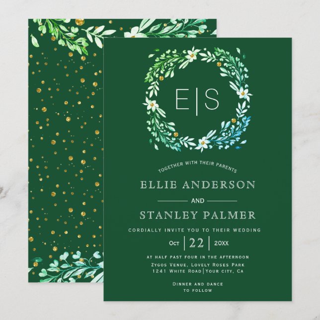 Invitation Cadre floral, confetti d'or mariage vert émérite (Devant / Derrière)