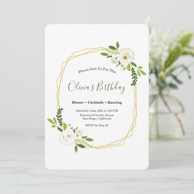 Invitation Cadre floral de rose blanche de luxe (Debout devant)