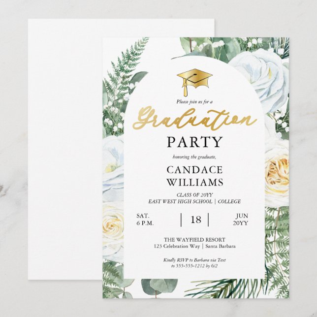 Invitation Cadre floral de roses blanches pour la fête de rem (Devant / Derrière)