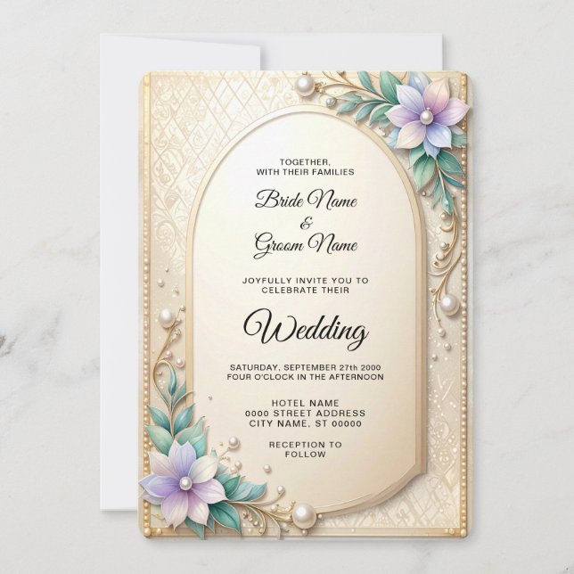 Invitation Cadre floral décoratif avec perles de mariage (Devant)